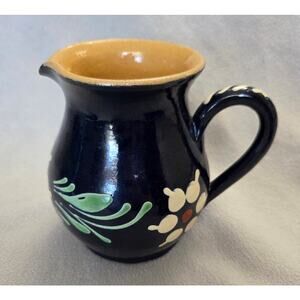 Vintage French Dark Blue Pottery Milk Pitcher Floral Vase Blue White